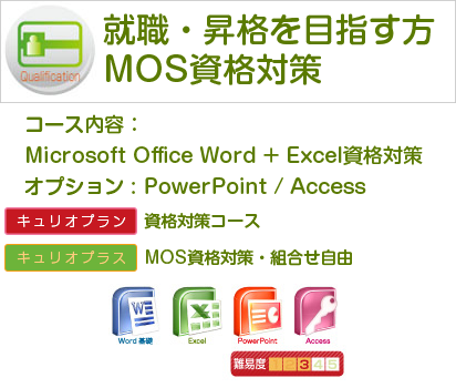 就職・昇格を目指す方・MOS資格対策 Microsoft Office Word + Excel 資格対策　オプション:PowerPoint / Access